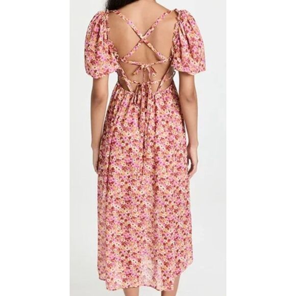 For Love and Lemons Felicia Midi Dress Pink Floral Puff Sleeve Size L - Picture 2 of 4